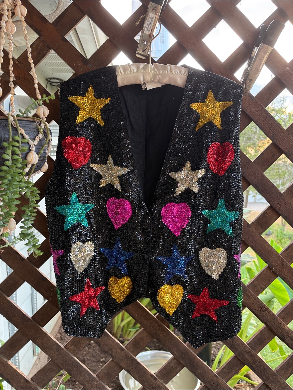 Fashion fantasy Sequin Embellished Black Vest with colorful Stars Hearts 80s